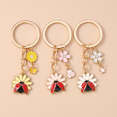 Cute Enamel Insect Ladybug Keychain Flower Key Ring Pendants for Women Girls Handbag Decor DIY Handmade Key Chain Jewelry Gifts