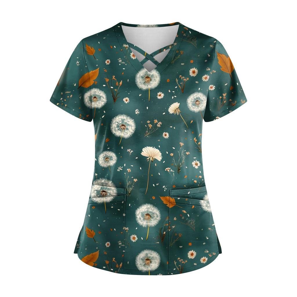 Women's Short Sleeve Stagger V Neck  Print Pocket Dry-nurse Top