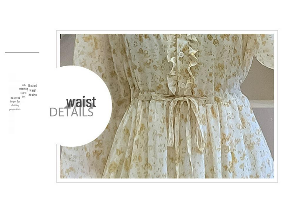French Puff Sleeve Floral Chiffon Dress with Tie-Neck and Ruffle Collar, Slim-Fit Long Sleeve for Early Spring.