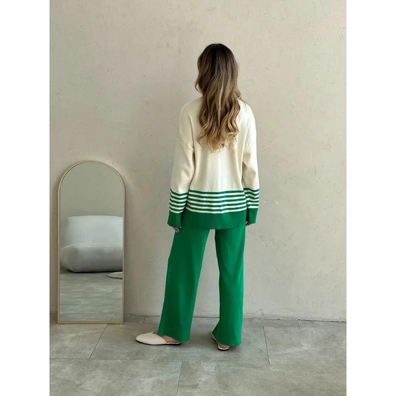 Knitted Two Piece Women Sleepwear Kits Winter Women Knit Suit Striped Turtleneck Sweater Home Suit 2 Piece Pants Kits for Women