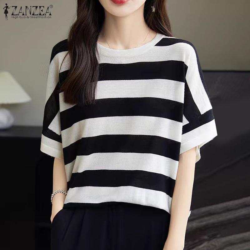 

ZANZEA Женская повседневная свободная футболка в полоску с круглым вырезом и короткими рукавами S чёрный
