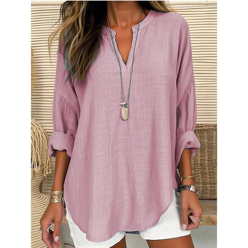 2026 New Women's Casual Simple Long-Sleeve V-Neck Solid Color Loose Top