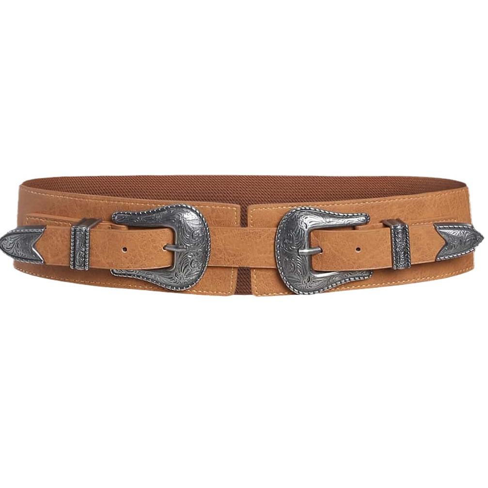 Distressed Retro Double Buckle Elastic Waist Belt - Adjustable Fashion Denim for Women