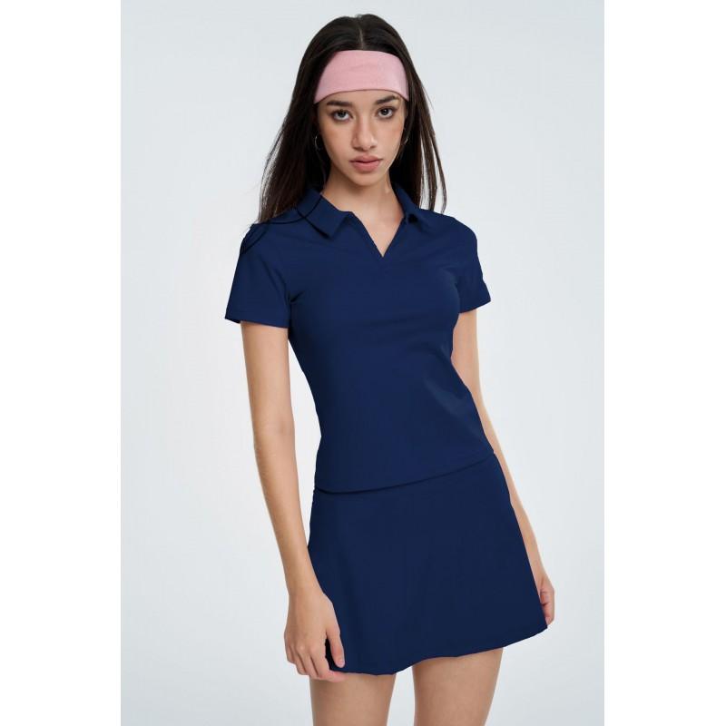 Womens Quick-Dry Polo-Neck Short Sleeve Top Tennis Skirt Set Yoga Fitness Workout