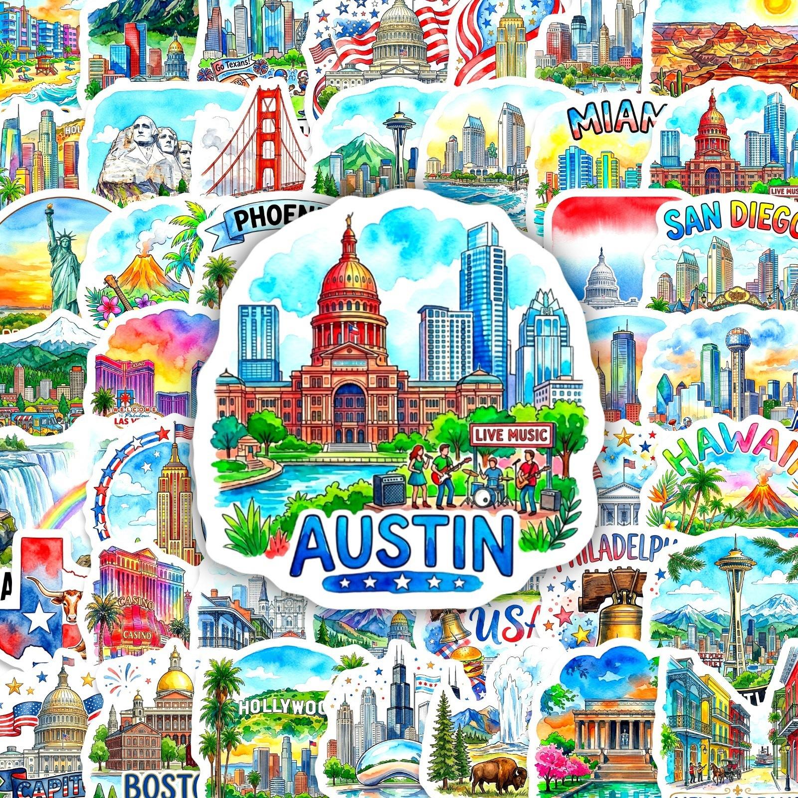 

50 American City Landmarks Stickers Creative City Architecture Famous Attractions Waterproof Graffiti Stickers