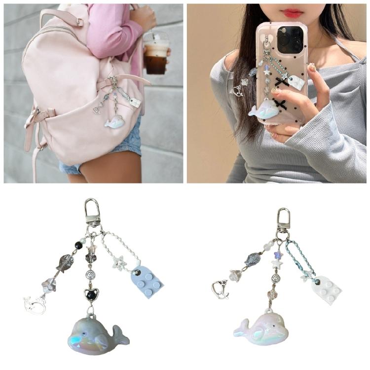 Cuteness Dolphin Beaded Keychain Unique Key Holder Acrylic and Alloy Texture Beaded Keyring for Stylish Youthful Women