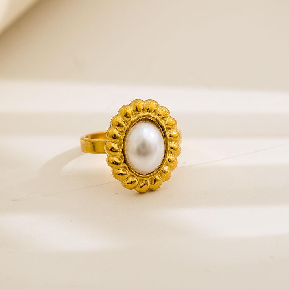 Bohemia Retro Gold Color Stainless Steel Artificial Pearl Shell Cameo Green Opal Stone Open Adjustable Rings for Women Jewelry