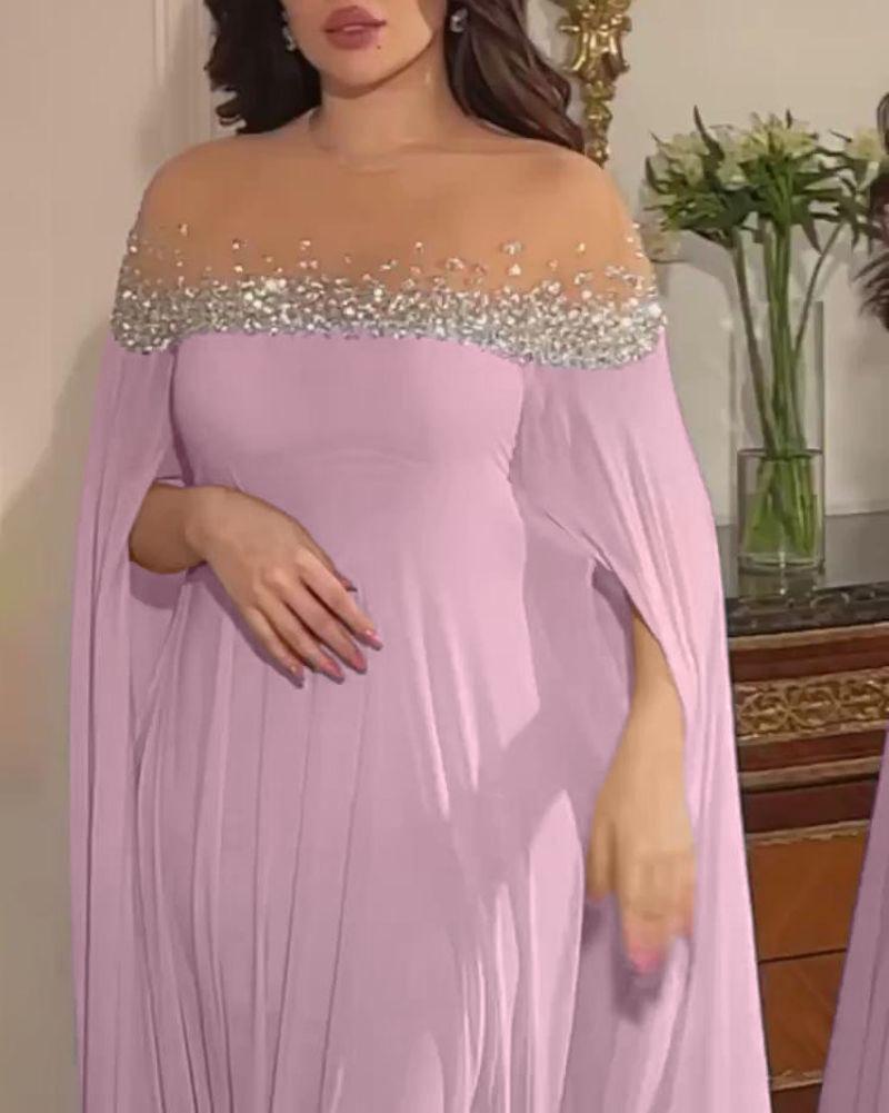 2023 Spring Summer Elegant High Waist Chiffon Evening Gown with Pearls
