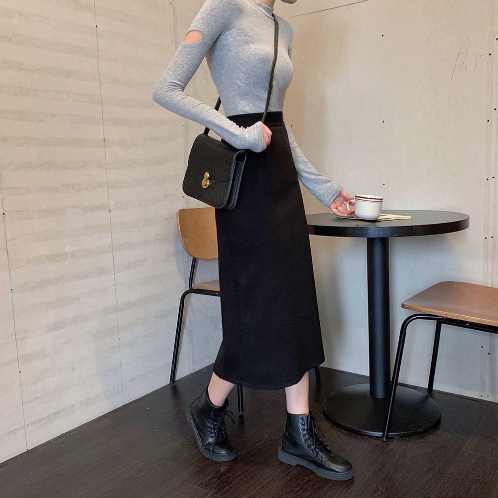 

Plus Size High Waist Wool A-Line Skirt - Mid-Length Slit for Autumn/Winter 3XL