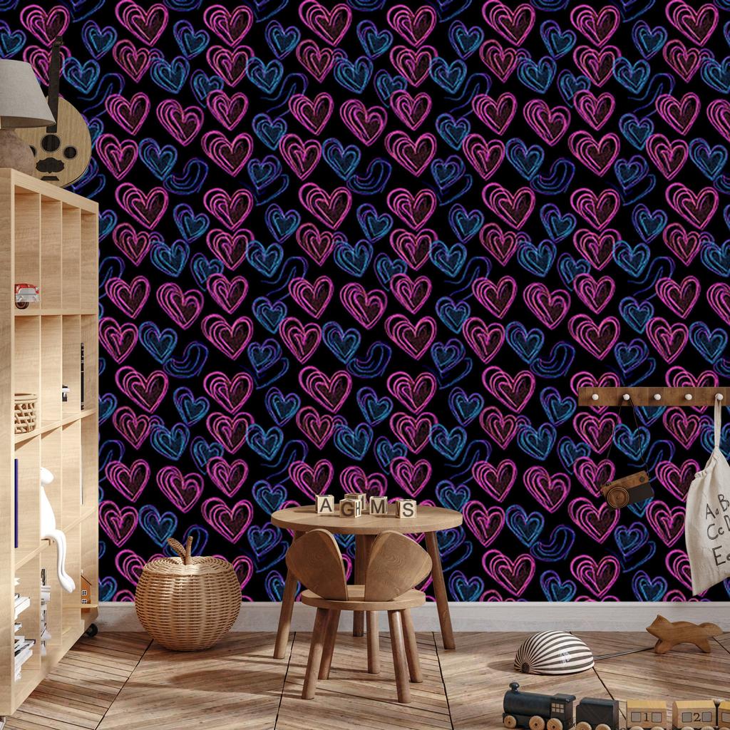 Neon Glitter Hearts Wallpaper Black and Navy Blue 50x1000