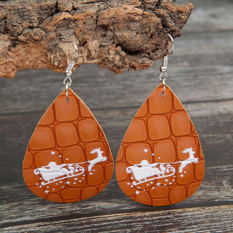 European & American Creative Christmas Tree PU Earrings with Double-Sided Leopard Print