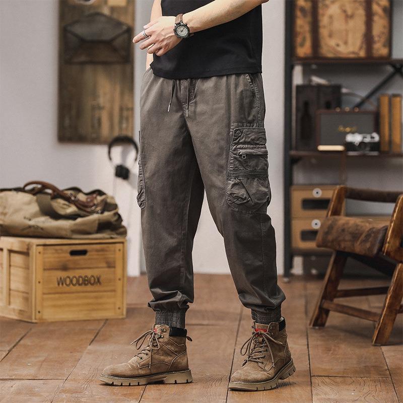 Trendy Brand Retro Casual Overalls Men's Autumn and Winter Elastic Versatile Multi-pocket Tied Feet Harlan Pants Men's Solid Color Washed Pants