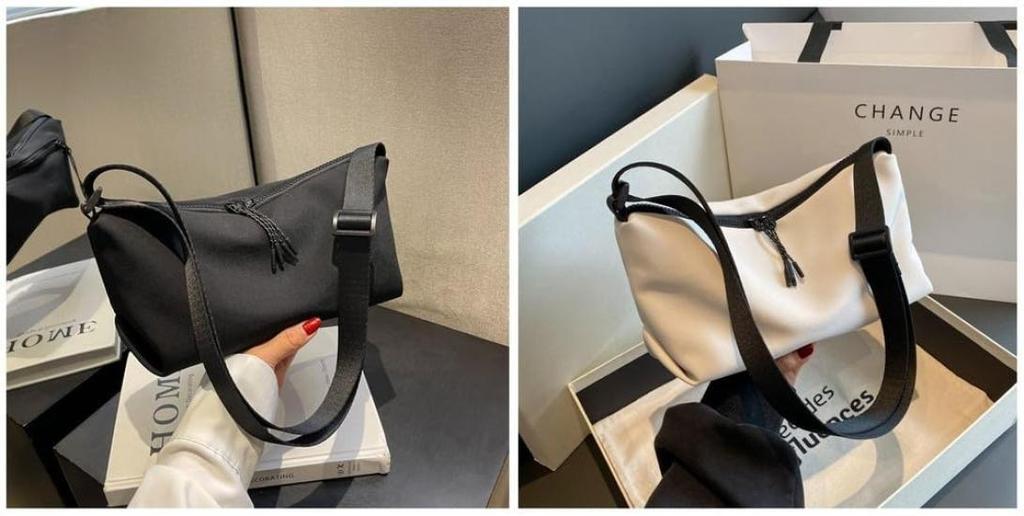 Beatus Women's Simple and Compact Shoulder Bag Made of Supple Canvas (Black) - Fits a Long Wallet