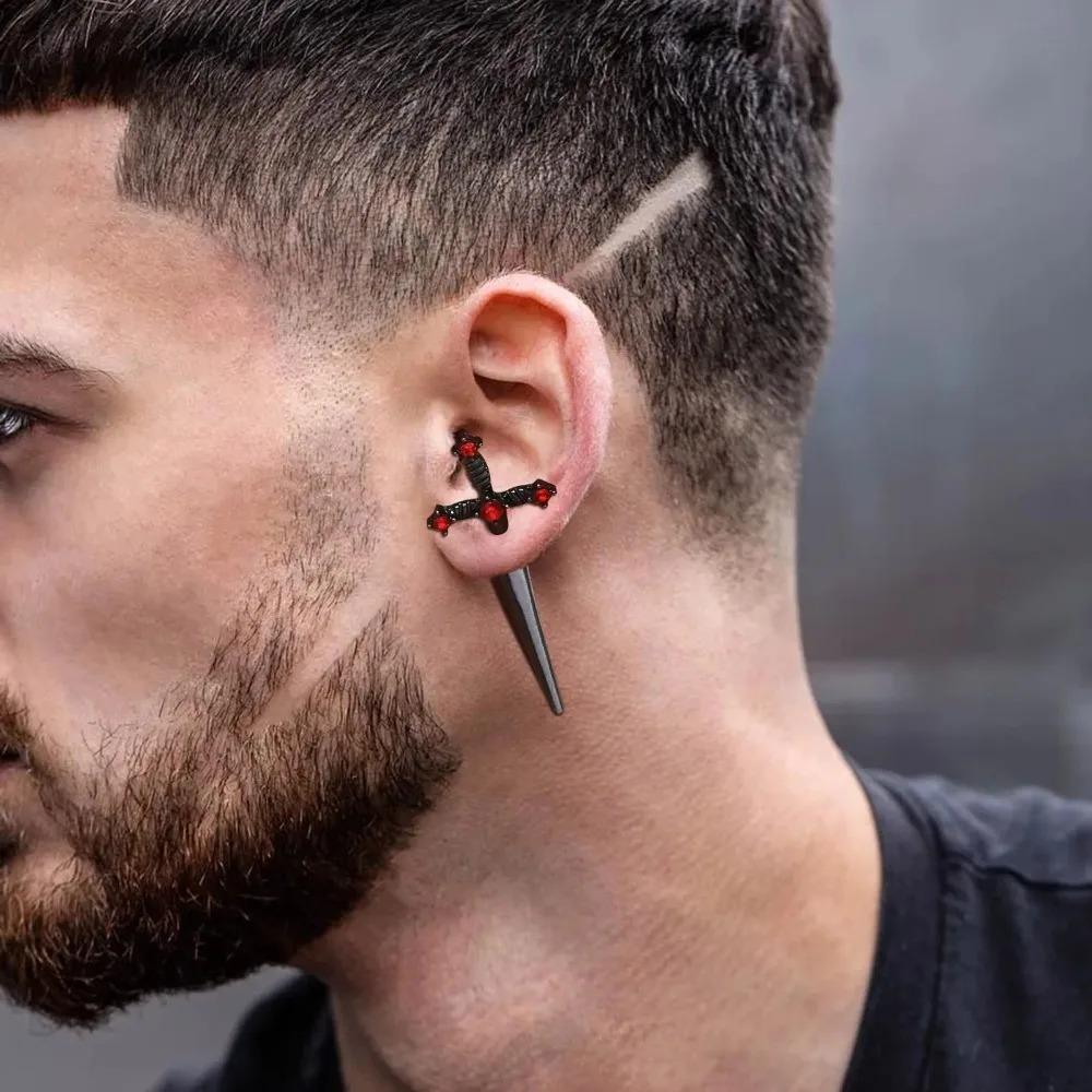 Kinitial Sword Earrings Vintage Cool Punk Crystal Ear Jacket Goth Dagger Gothic Earrings Jewelry Gift For Men Rock Anniversary