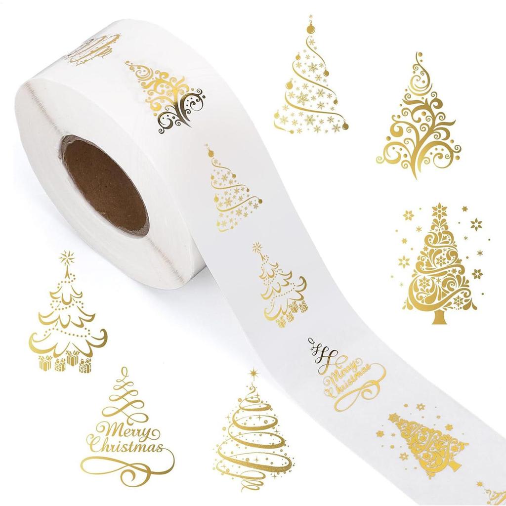 Christmas Stickers for Cards 500 Pieces Clear Tree Sheet 2.5cm/1-Inch Adhesive Transparent Gold Foil Holiday Stickers Roll