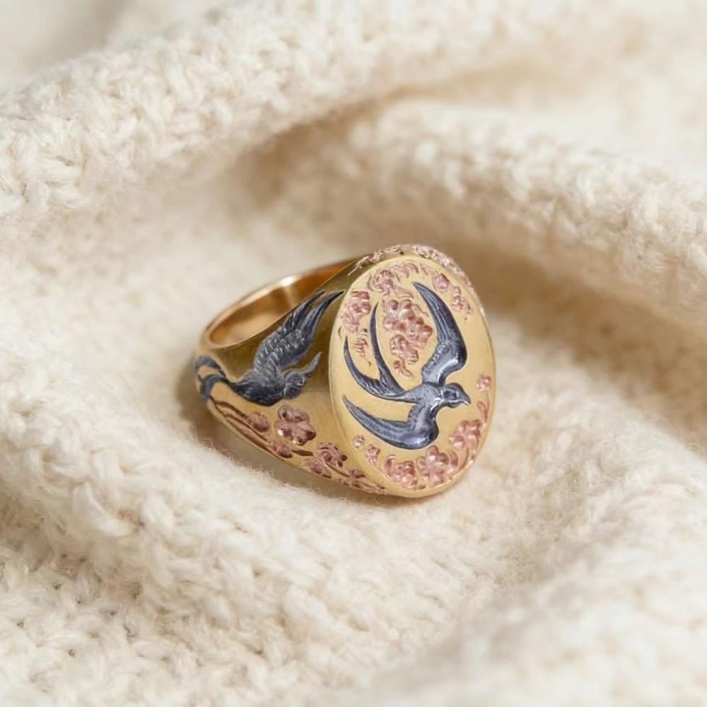 Vintage Enamel Floral Ring Light Luxury Bird Rings Sweet Wild Duck Ring Ethnic Style