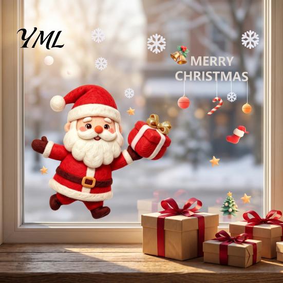 Indoor Outdoor Window Decor Christmas Santa Claus Static Glass Sticker, Removable PVC Decal, Waterproof Decorative Stickers for Store Windows Wall Art