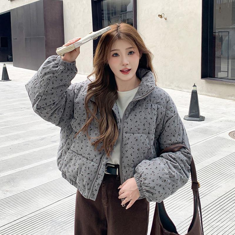 Lockere Winterjacke mit Blumenprint - Verdickte und warme Baumwolljacke für Damen