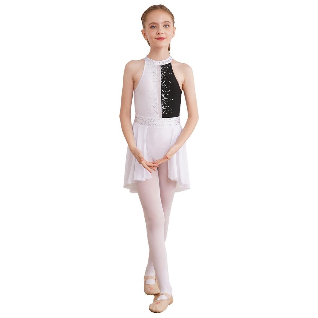 Kids Girls Sleeveless Shiny Rhinestone Decor Backless Leotard Dress for Lyrical Contemporary Dance
