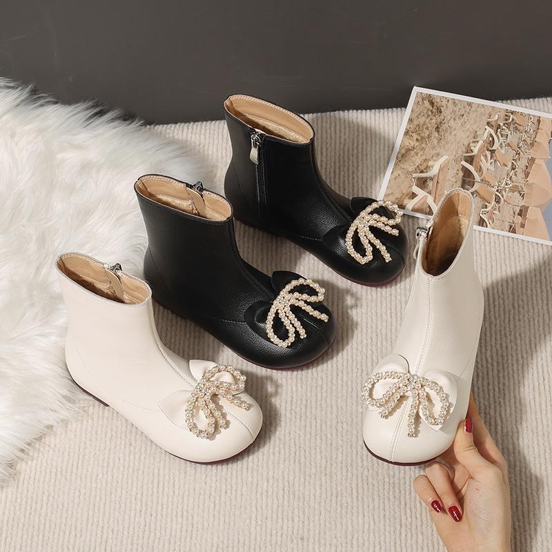 Skórzano-bawełniane buty dla dziewczynek - Przytulne krótkie botki z aksamitu na jesień i zimę