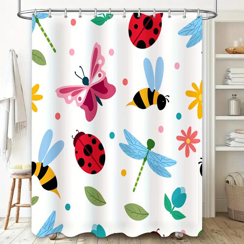 Colorful Insect Shower Curtain for Bathroom Decor Ladybug Dragonfly Butterfly Design