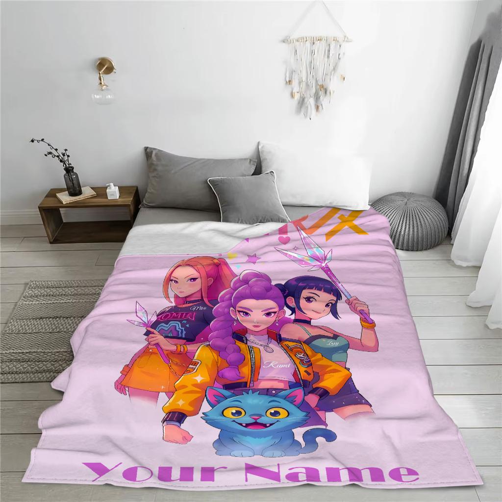 Personalized Name K-Pop Demon Hunters Huntrix Flannel Blankets Travel Bedroom Sofa Bithday Gifts For Kids Soft Throw Blanket