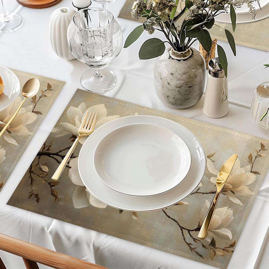 Vintage Magnolia Placemats Set of 6,Waterproof Heat Resistant Dining Table Plate Mat for Home Kitchen Dining Table 12x18Inch