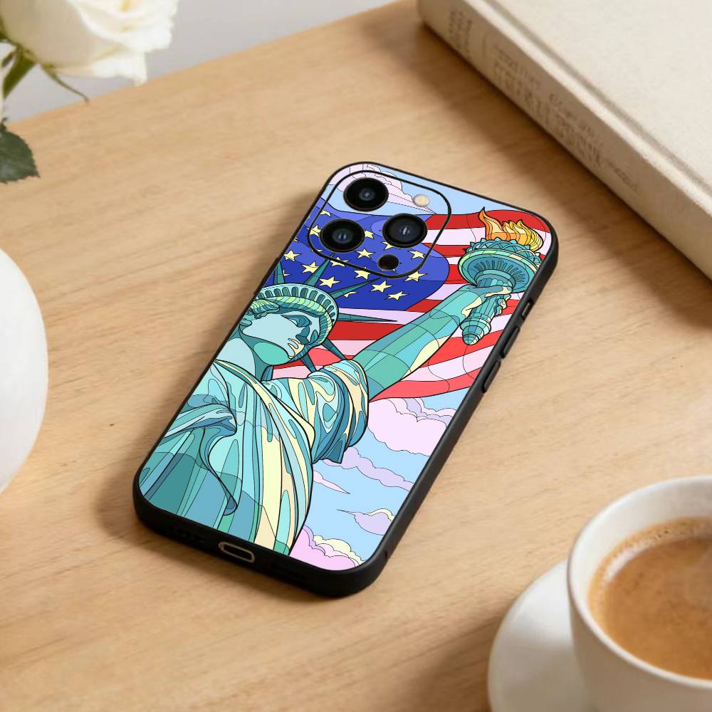 

Statue Liberty America USA Flag Phone Case For iPhone 17 16 15 14 13 12 Max Plus Silicone Black Cover iPhone17promax