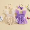 Infant Girl Romper Dress Butterfly Decor Fly Sleeve Ruched Mesh Skirt 3 6 12 18 24 Months Hem Jumpsuits Newborn Clothes Baby Bodysuits with Headband