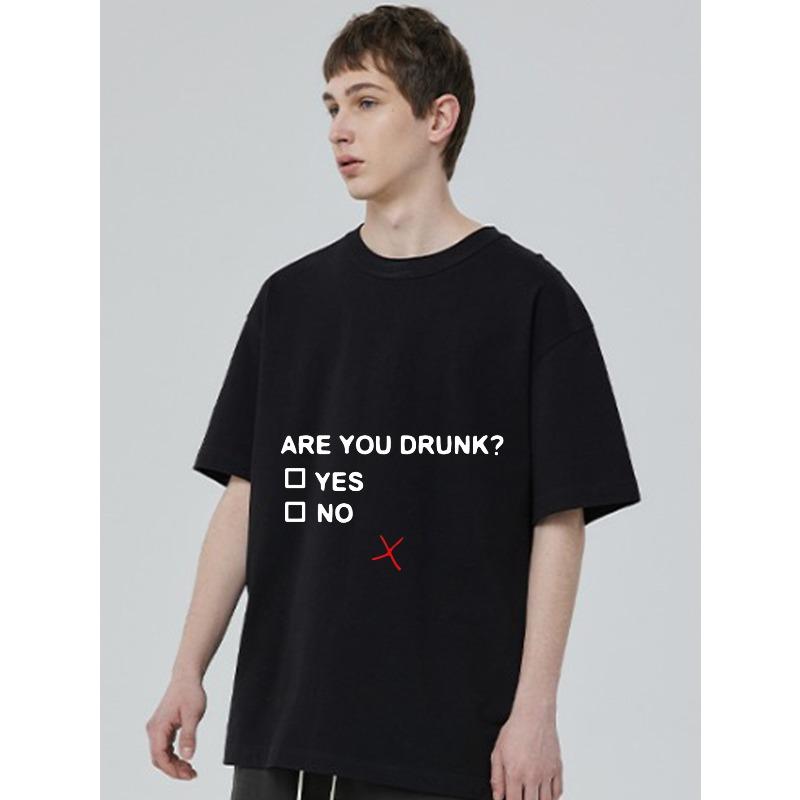 Black T-Shirt with Are You Drunk Yes No Text and Red X Print for Casual Wear