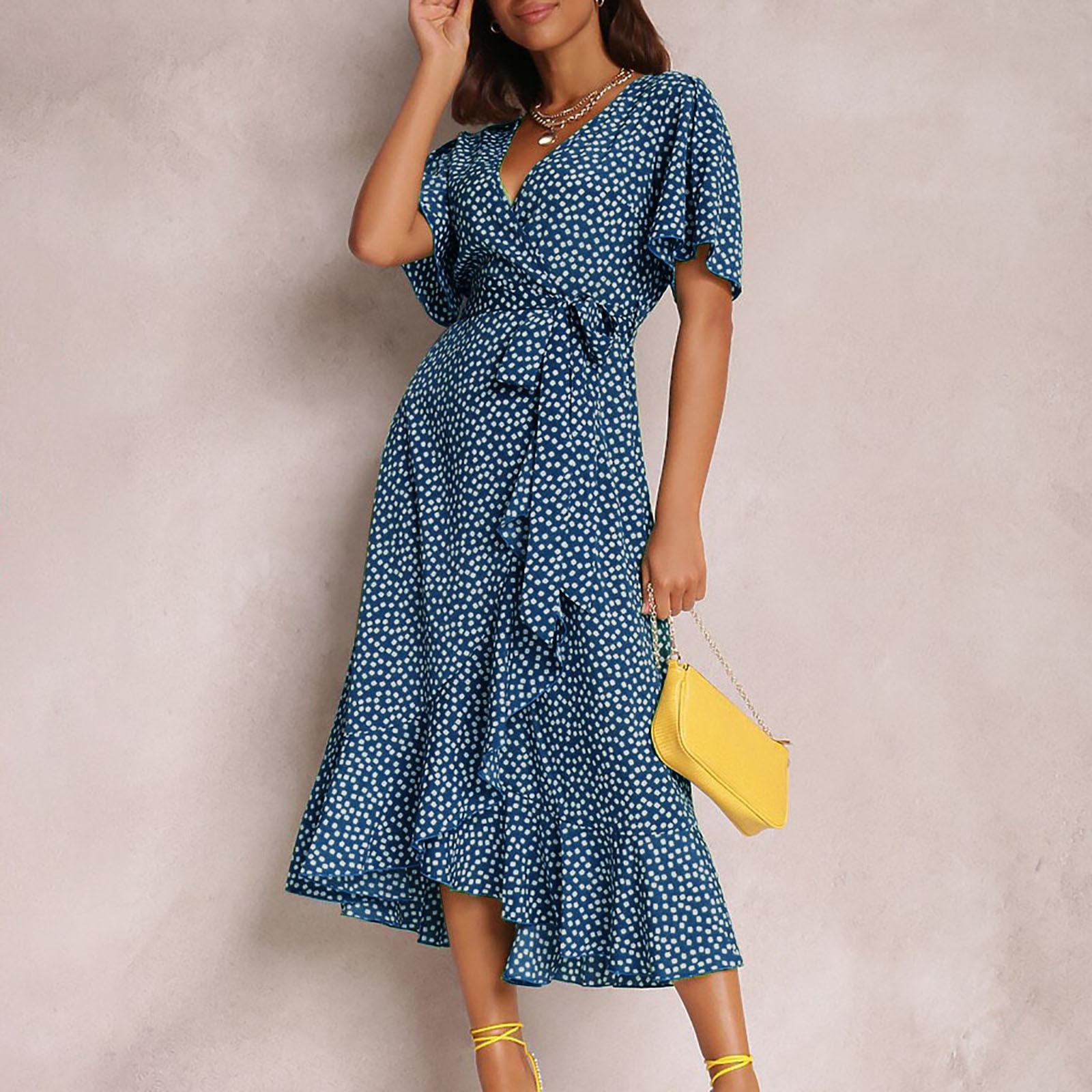 

Модное женское сексуальное повседневное платье с v-образным вырезом и нерегулярным галстуком с высокой талией и коротким рукавом S синий