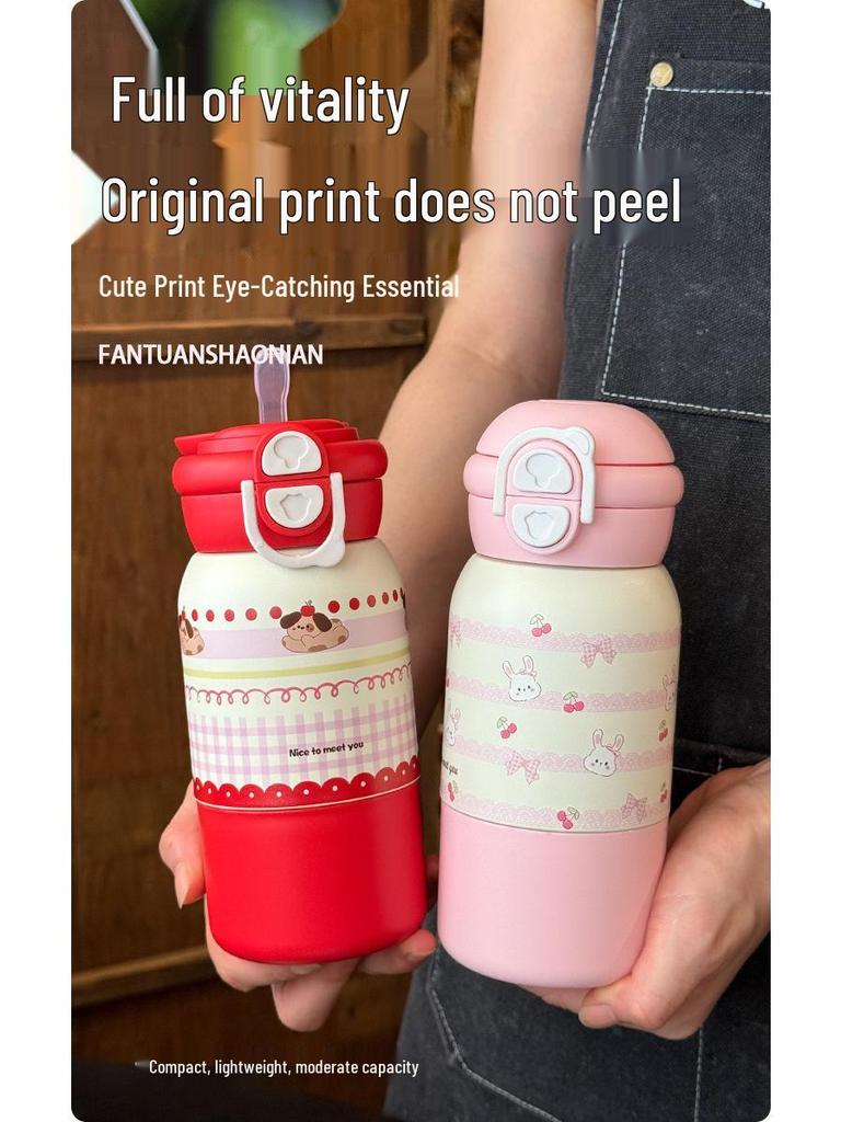Portable Three-Way Kids Thermos Cup with Straw - Cute Cartoon Design