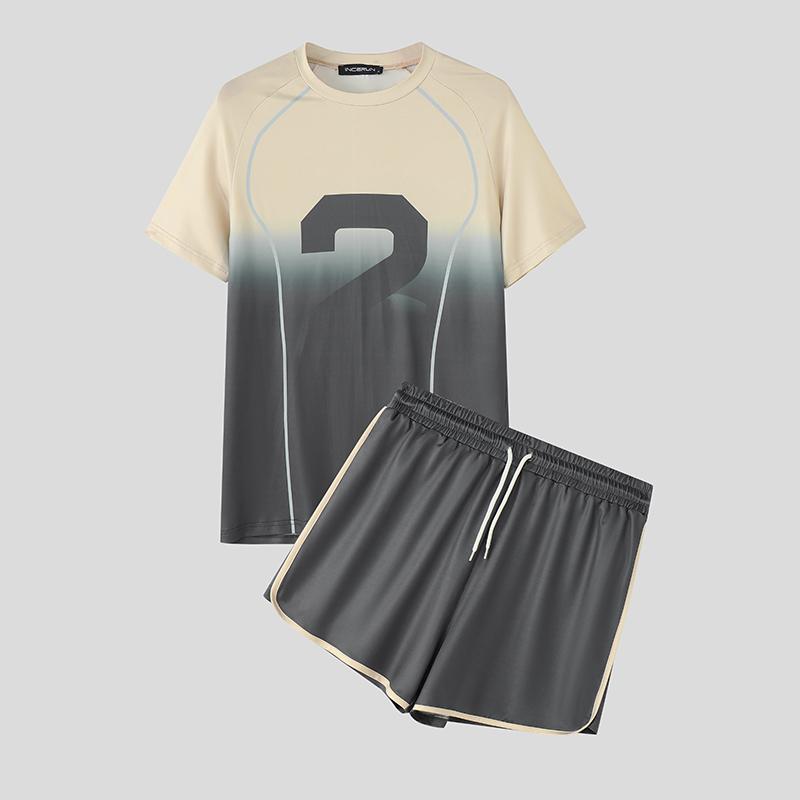 

INCERUN Men Pajamas Underwear Sets Gradient Tops Shorts Fitted Outfit Home Wear 3XL