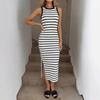 Striped Maxi Dress Women Sleeveless Round Neck Side Slit Bodycon Knit Dress Casual Summer Long Dress for Women