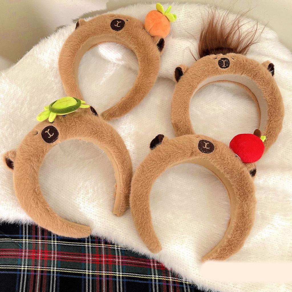 Adolescents Bandeau Capybara Dessin Animé Forme Adulte Pièce de Tête en Peluche pour Maquillage Lavage du Visage Bandeau de Sport Anti Glissement de Cheveux