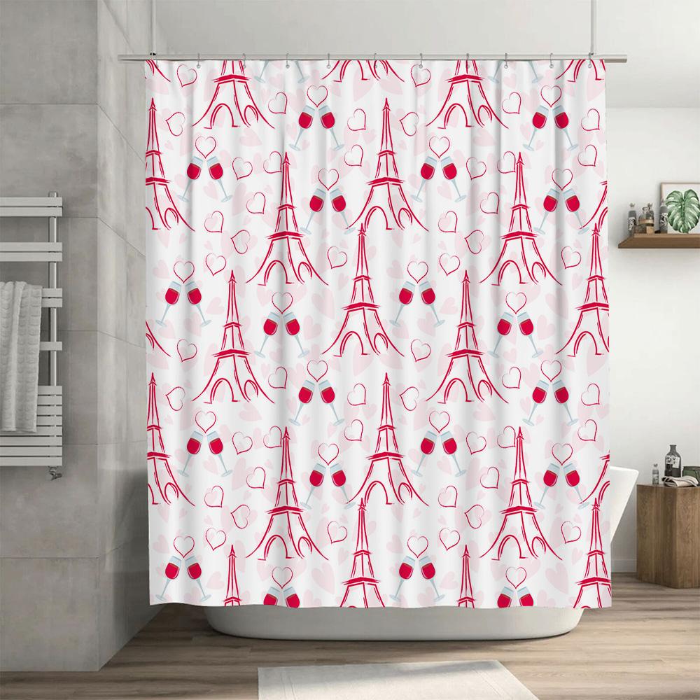 Chic Red Eiffel Tower Chocolates Shower Curtain For Bathroom Decor Pink Hearts Pattern Shower Drapes Set With Hooks Included (Wh