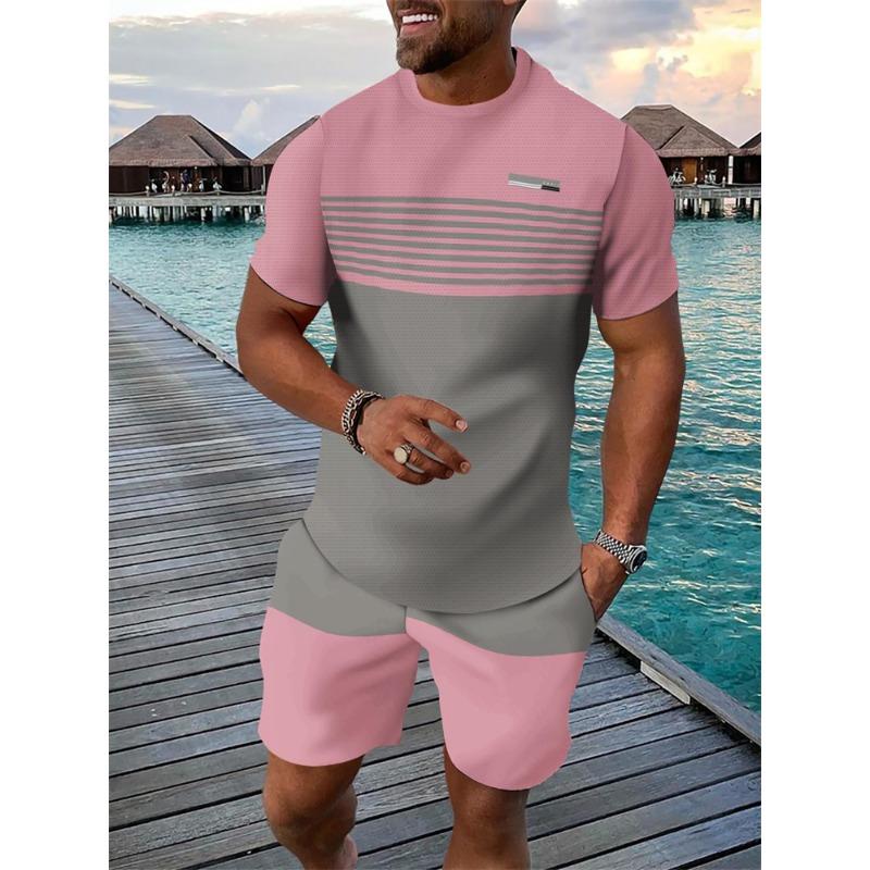 Summer Bestseller T-Shirt Set Color-Block Striped Short-Sleeve T-Shirt & Shorts Set Casual Outdoor Running Fitness Set