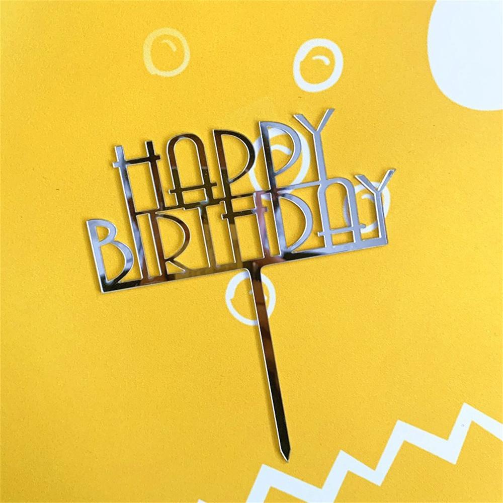 1PCS Happy Birthday Cake Topper Simple Lines Acrylic Gold Silver Black Dessert Toppers for Birthday Party Cake Decorations