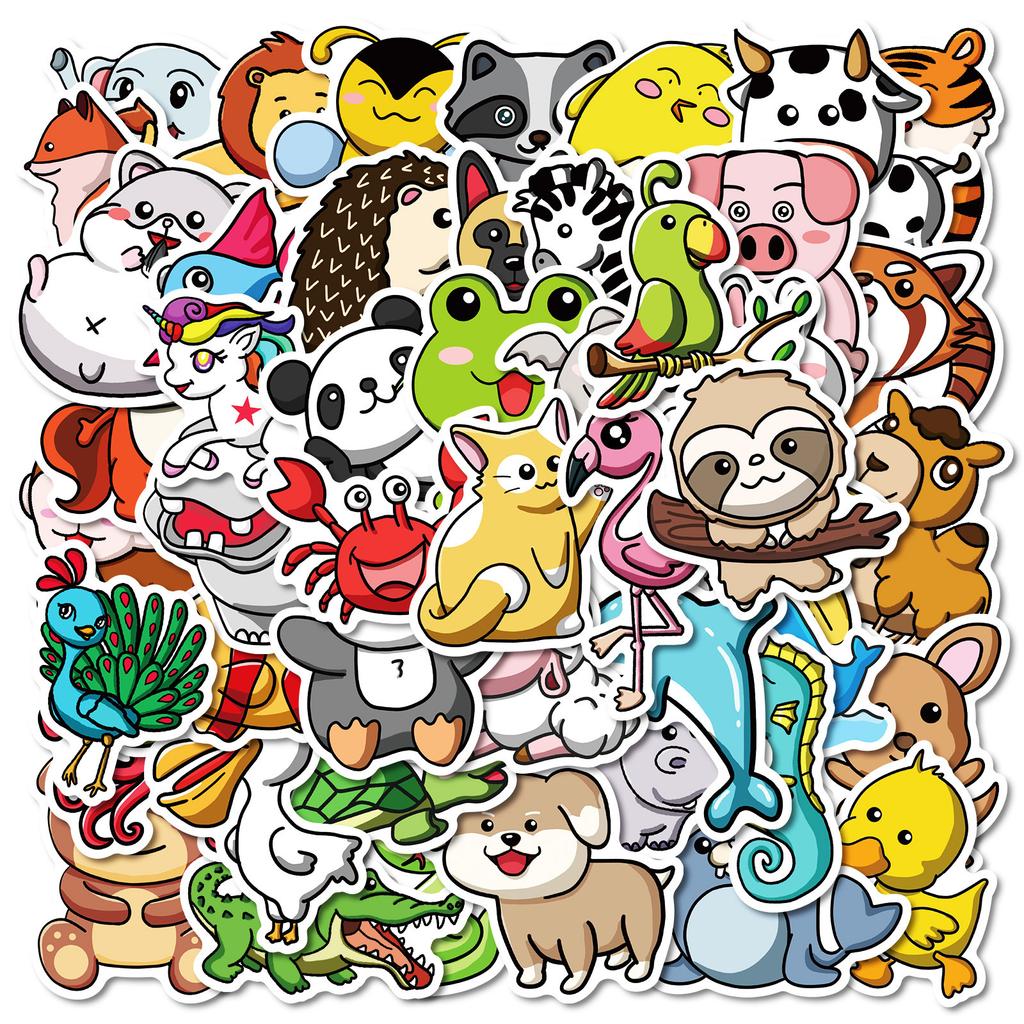 50 Cartoon Animal Doodle Waterproof Decorative Stickers for Children Reward Stickers
