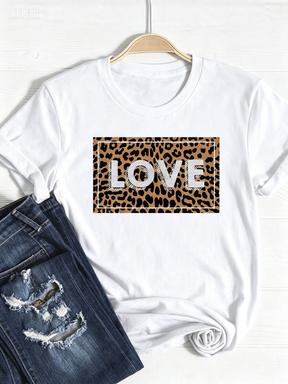 Tee Basic Clothing Women Clothes Print T Shirt Leopard Love Heart Trend Cute Summer Top Fashion Short Sleeve Graphic Tshirt