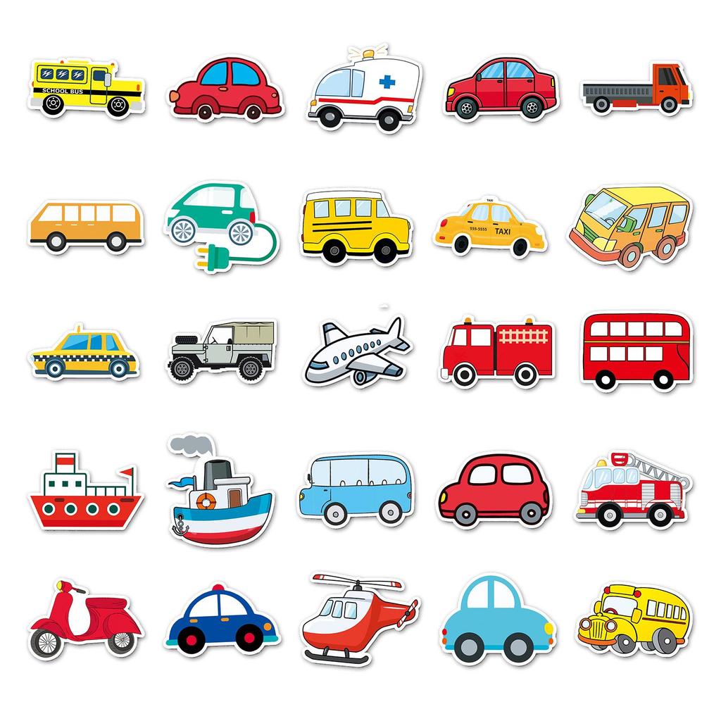 100 Creative Cartoon Vehicle Stickers for DIY, Journals, Phones, and Stationery - Colorful Car Designs