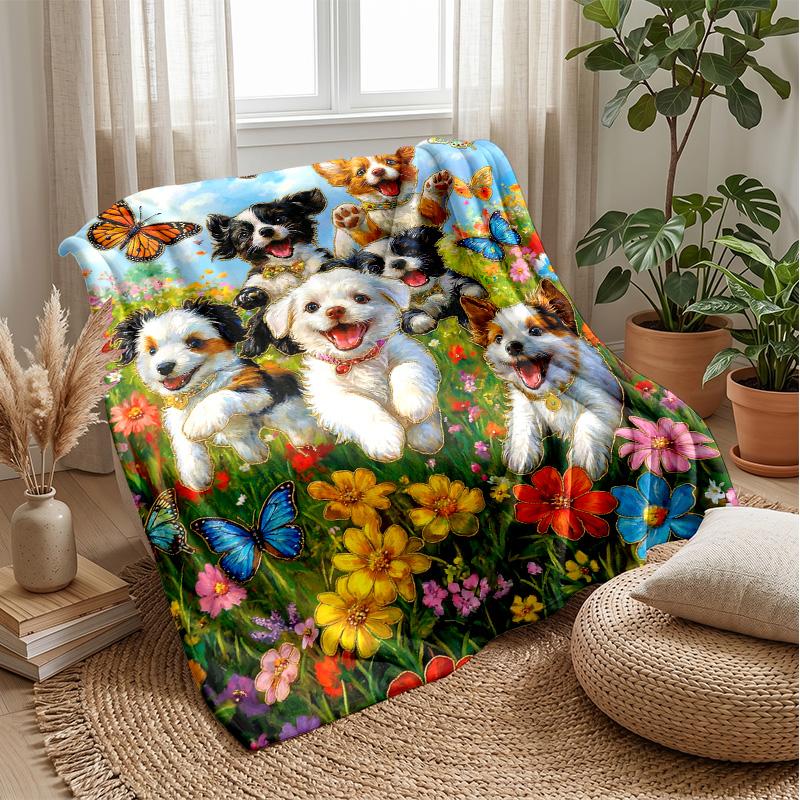 Puppies in Spring Blossoms Theme blanket Lightweight Warm Flannel Blanket Decorative Throw Blanket for Home Decoration