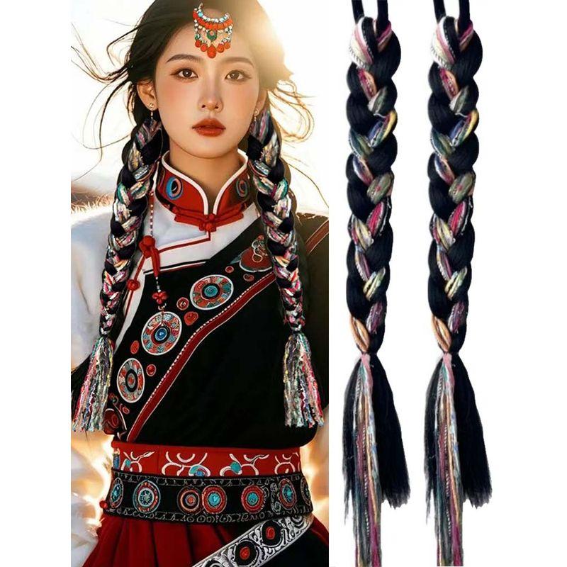 

Тибетская одежда Этнический стиль Разноцветные веревки Скрученная коса Парик Коса Хвост Юньнань Тибетские аксессуары для волос Дреды Головной убор для девочек [Nature Black] My hair color is healthy and dark.