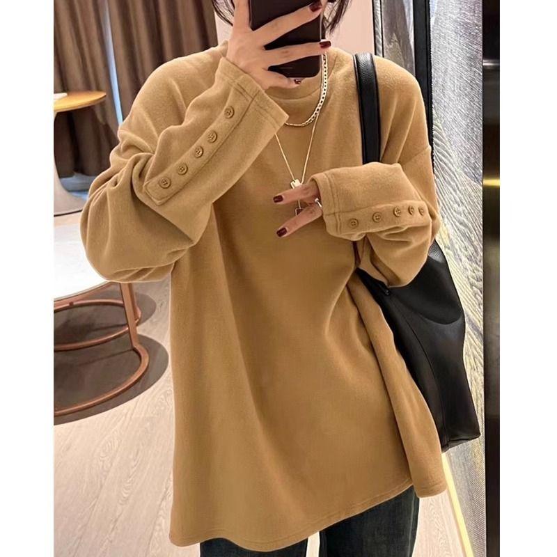 Solid Color Mid-length Brushed Bottoming Shirt for Women Autumn and Winter Long-sleeved T-shirt Top