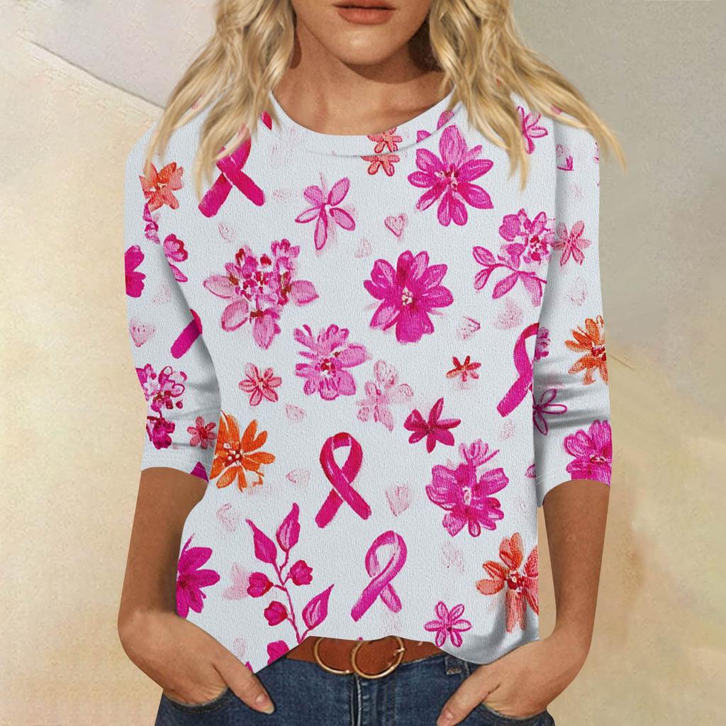 Dámské módní ležérní tričko s potiskem, kulatým výstřihem a sedmidílným rukávem, volného střihu