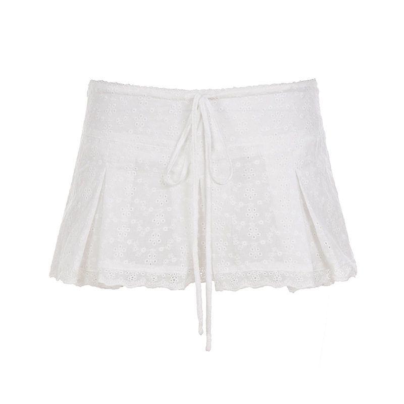 

Purely Sexy Hot Girl Style Textured High-Waisted Pleated Short Skirt with Irregular Hem and Lace-Up Details, Sexy Half-Skirt for Hot Girls White (with Panty Lining) S