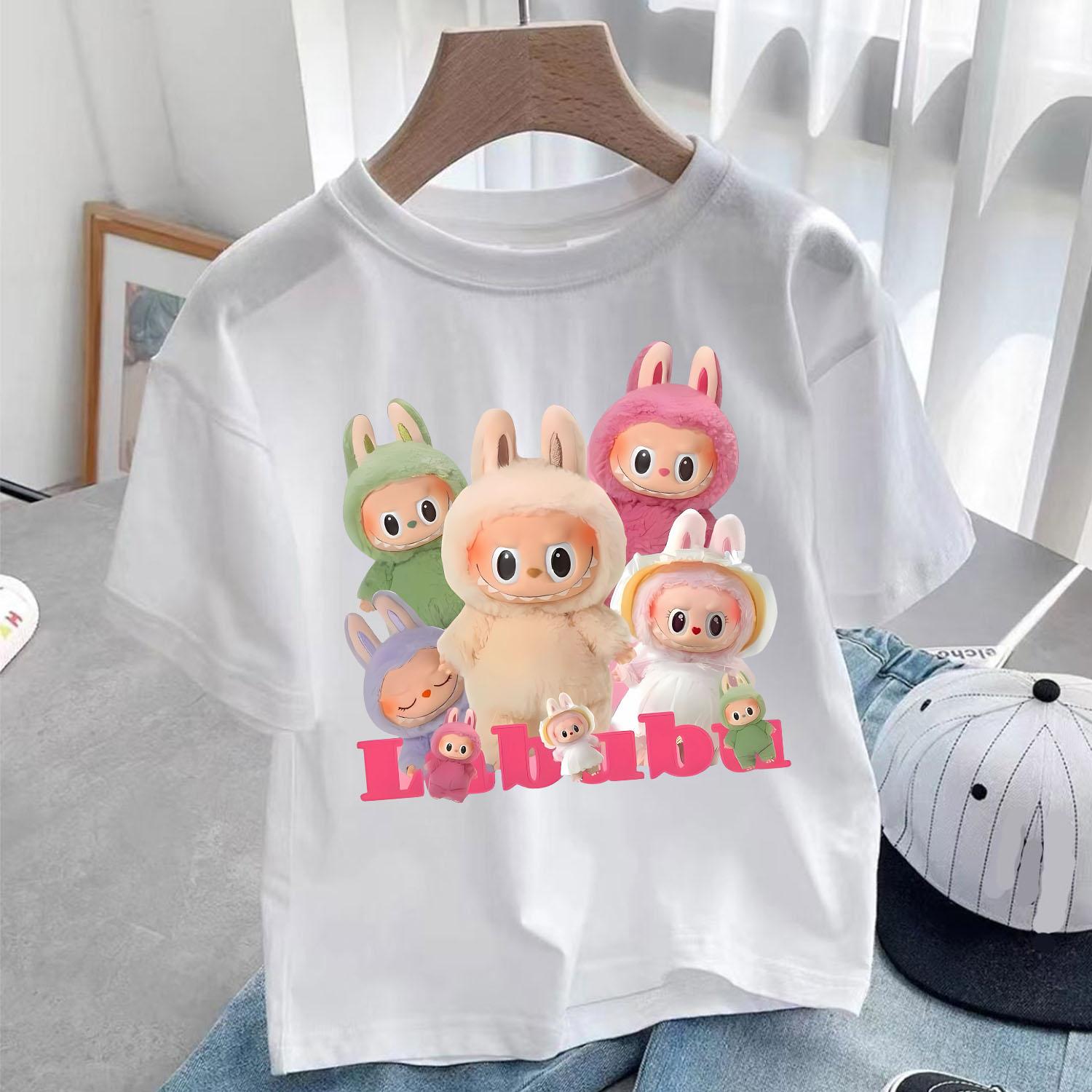 Maglietta Bianca Labubu per Bambini Carina Maglietta Cartone Animato Top Anime Girocollo Manica Corta Vestiti Moda Abbigliamento Estivo per Bambini Regalo 130