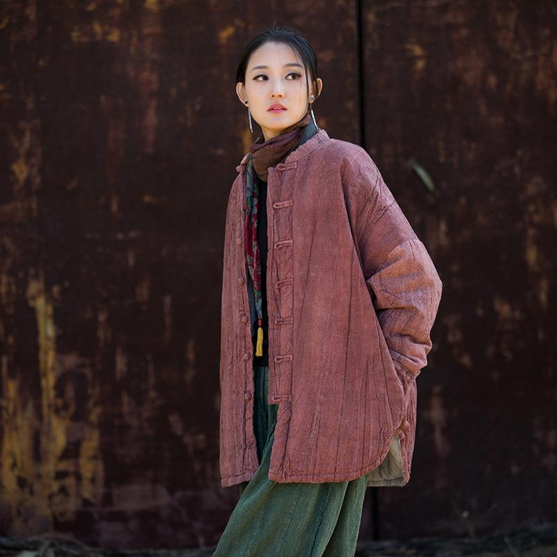 Johnature Women Vintage Winter Tie-dye Chinese Style Coats Button Stand Long Sleeve Coats