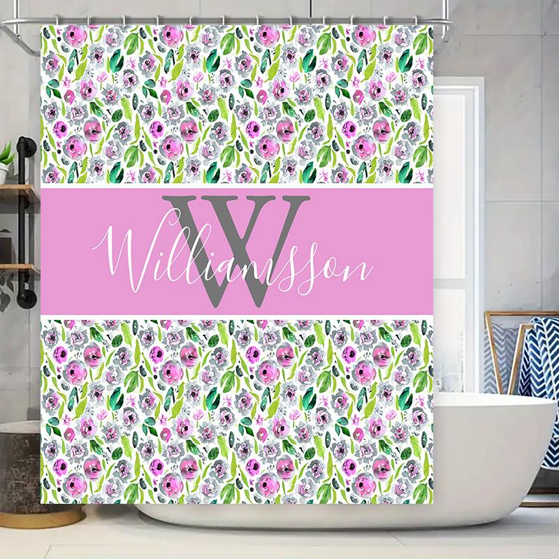 

Initials Bath Mat Set Reusable Washable Fabric Water-Resistant Floral Printed Shower Curtains For Home Decor Bathro W60H190(CM)-1 Pcs