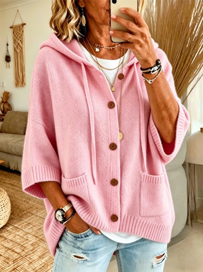 2026 European and American button-knitted hooded sweater cardigan jacket autumn and winter new solid color casual fashion women's clothing